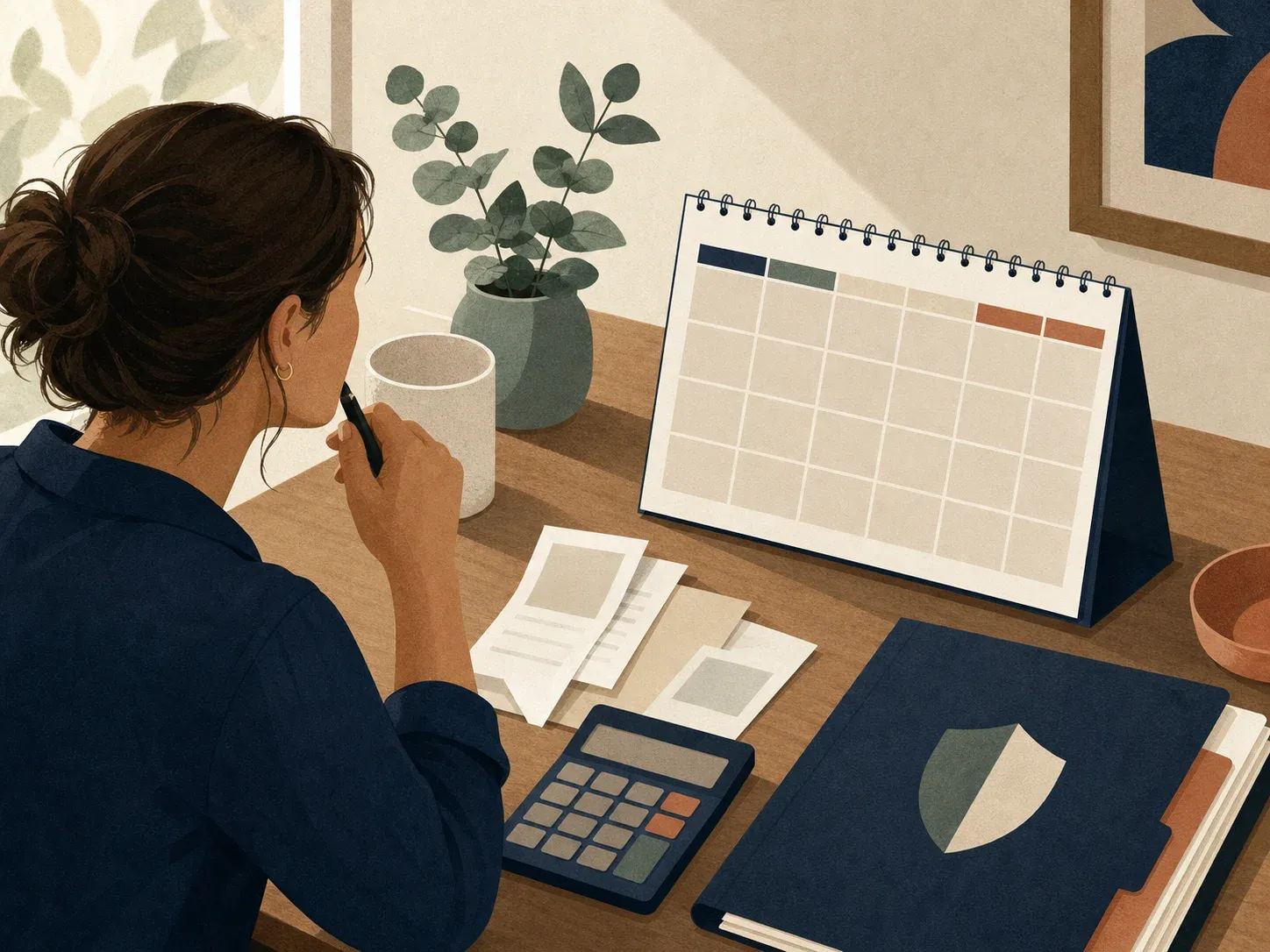 Person pausing over a tax-time calendar, calculator, receipts and insurance folder