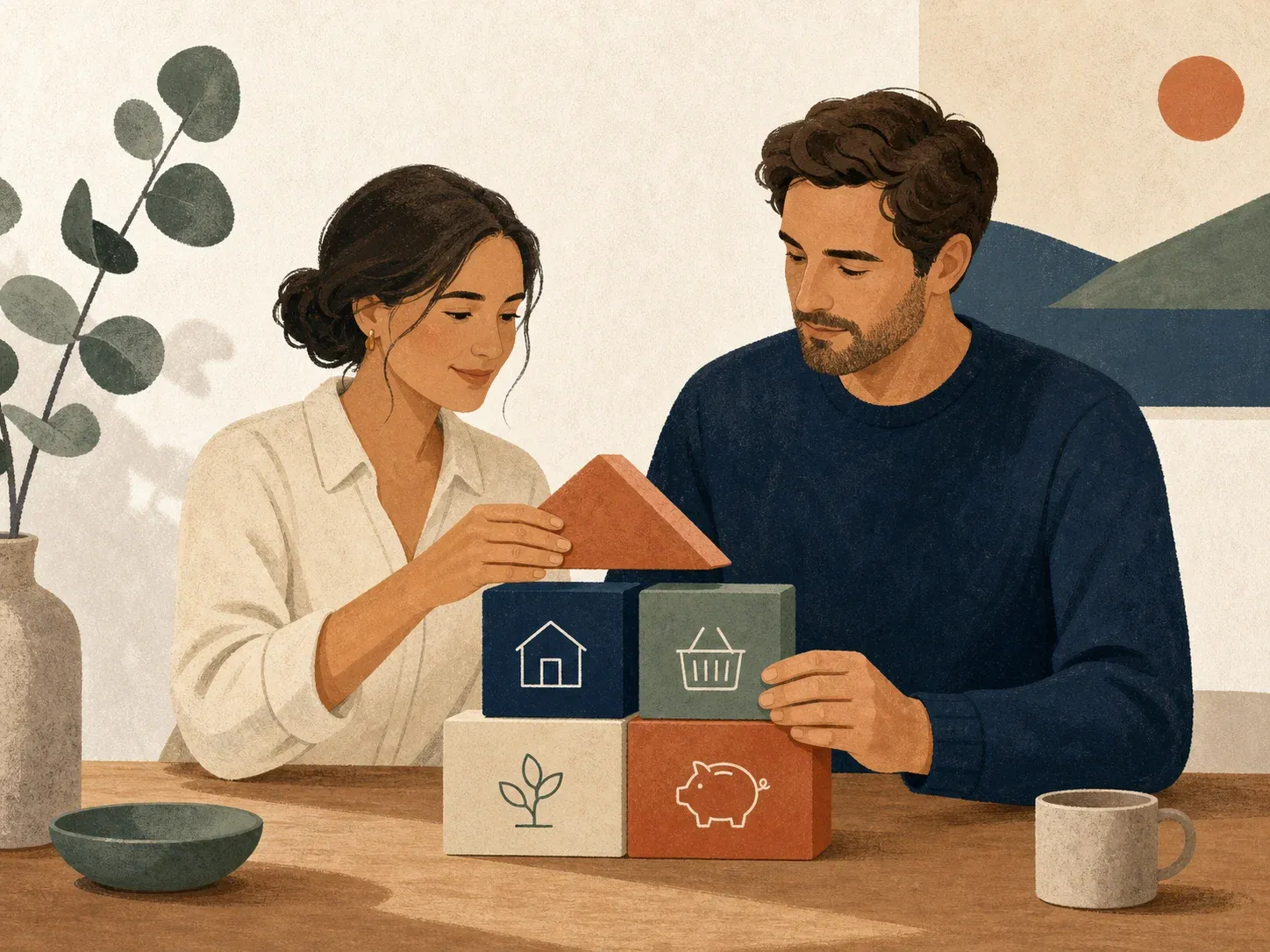 Couple arranging household needs and resources as balanced building blocks