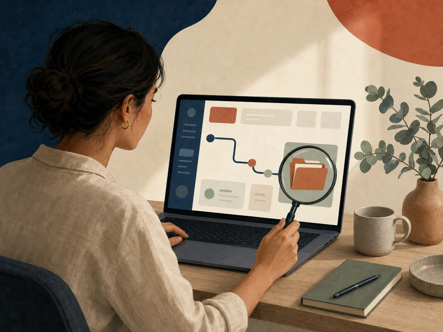 Person tracing a laptop account path to a tucked-away insurance folder
