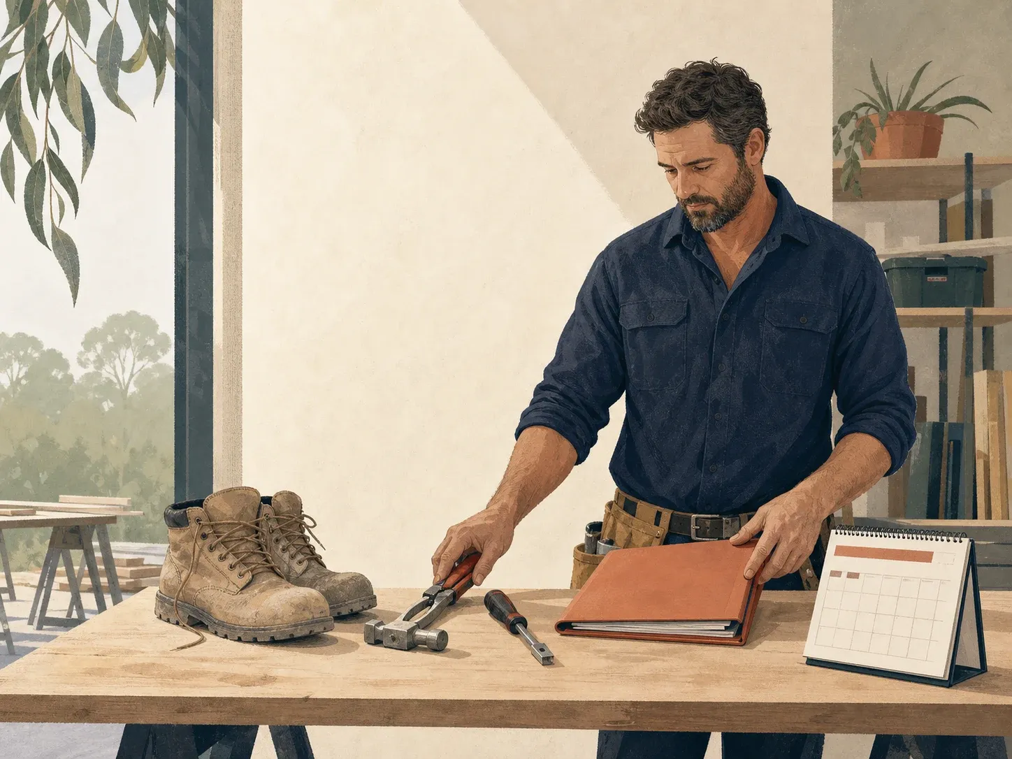Tradie arranging tools, boots, a calendar and income folder on a workbench