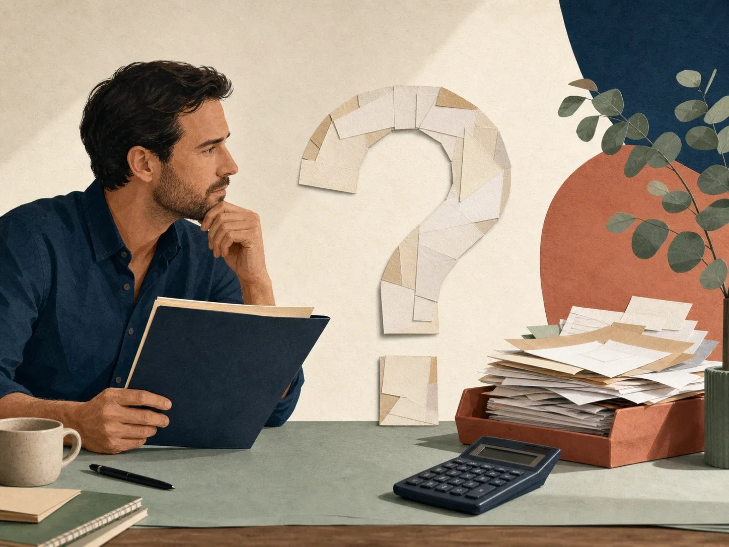 Worker comparing an income protection folder with tax receipts and a calculator
