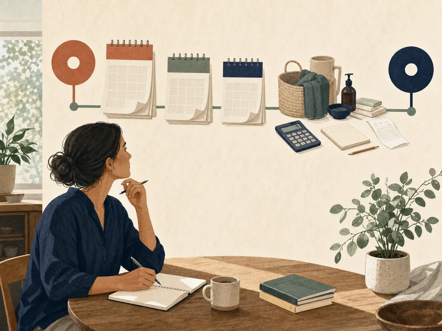 Person planning along a timeline of calendar pages and household expenses