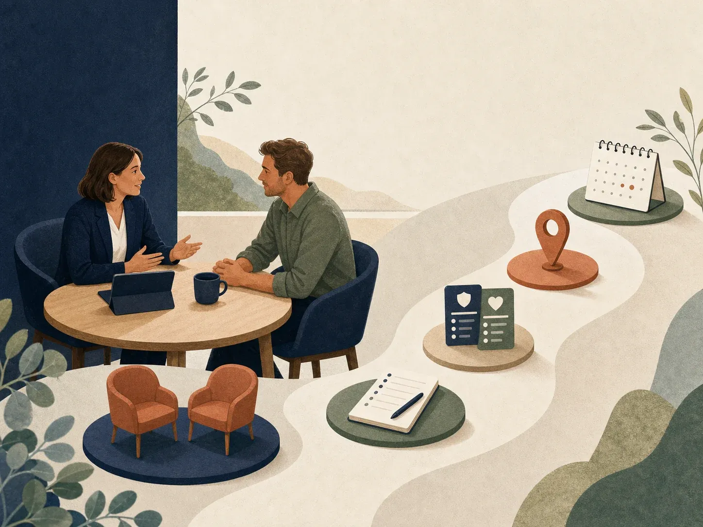 Adviser and client beside a curved path of insurance advice steps