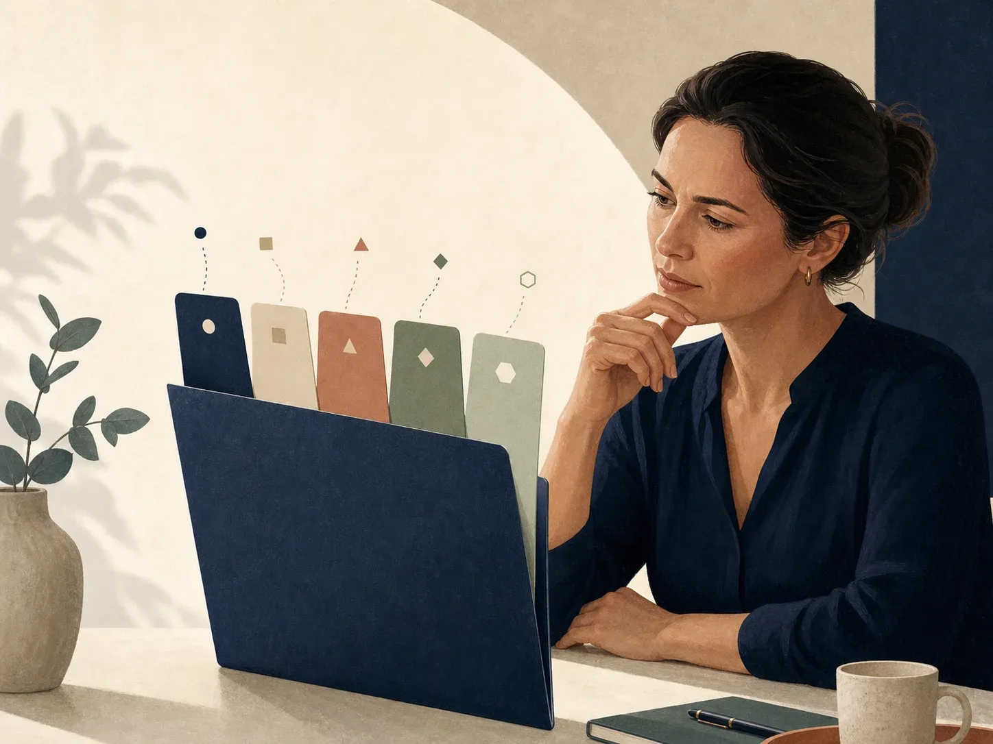 Person studying five tabs and geometric markers emerging from a policy folder