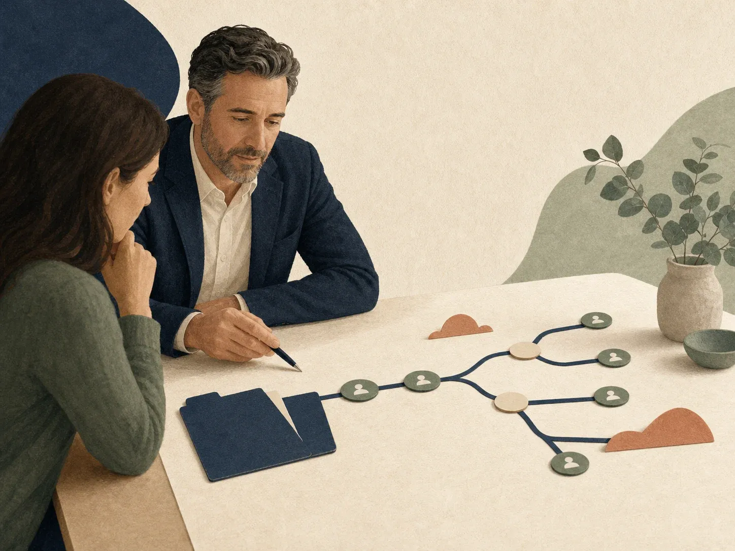 Adviser and client reviewing a branching life insurance claims pathway