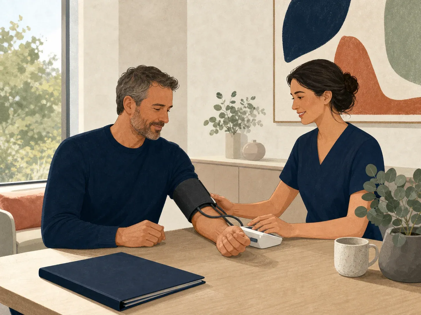 Adult having a routine blood-pressure check beside a closed insurance folder