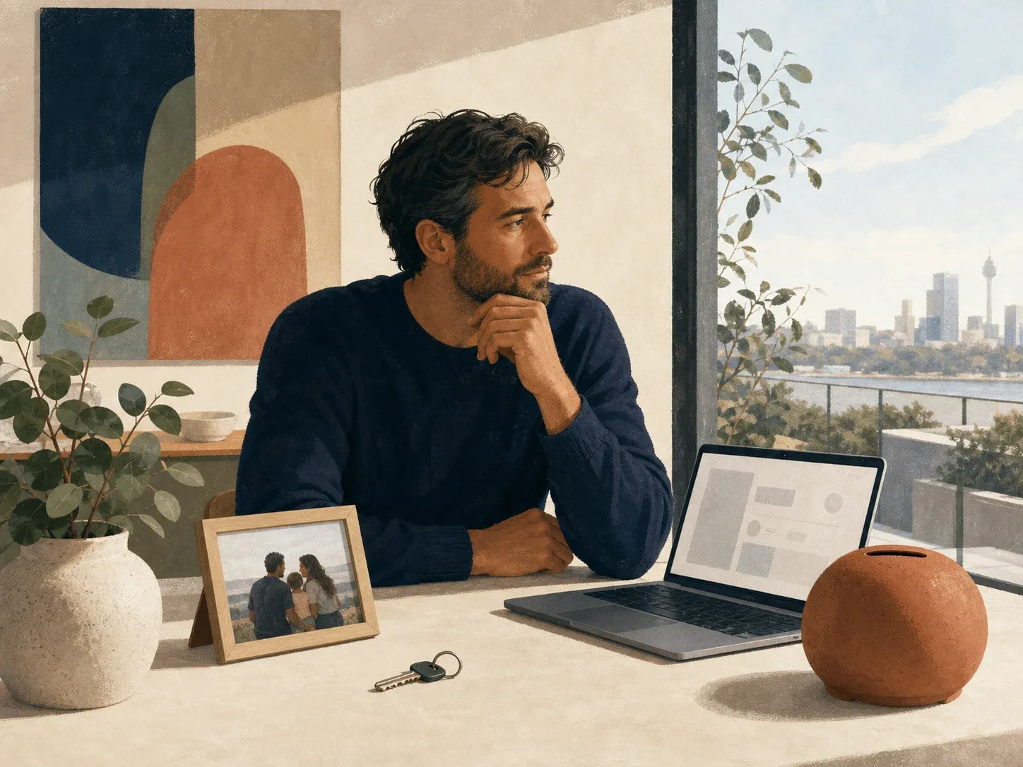 Single adult considering a key, family photo, laptop and savings pot