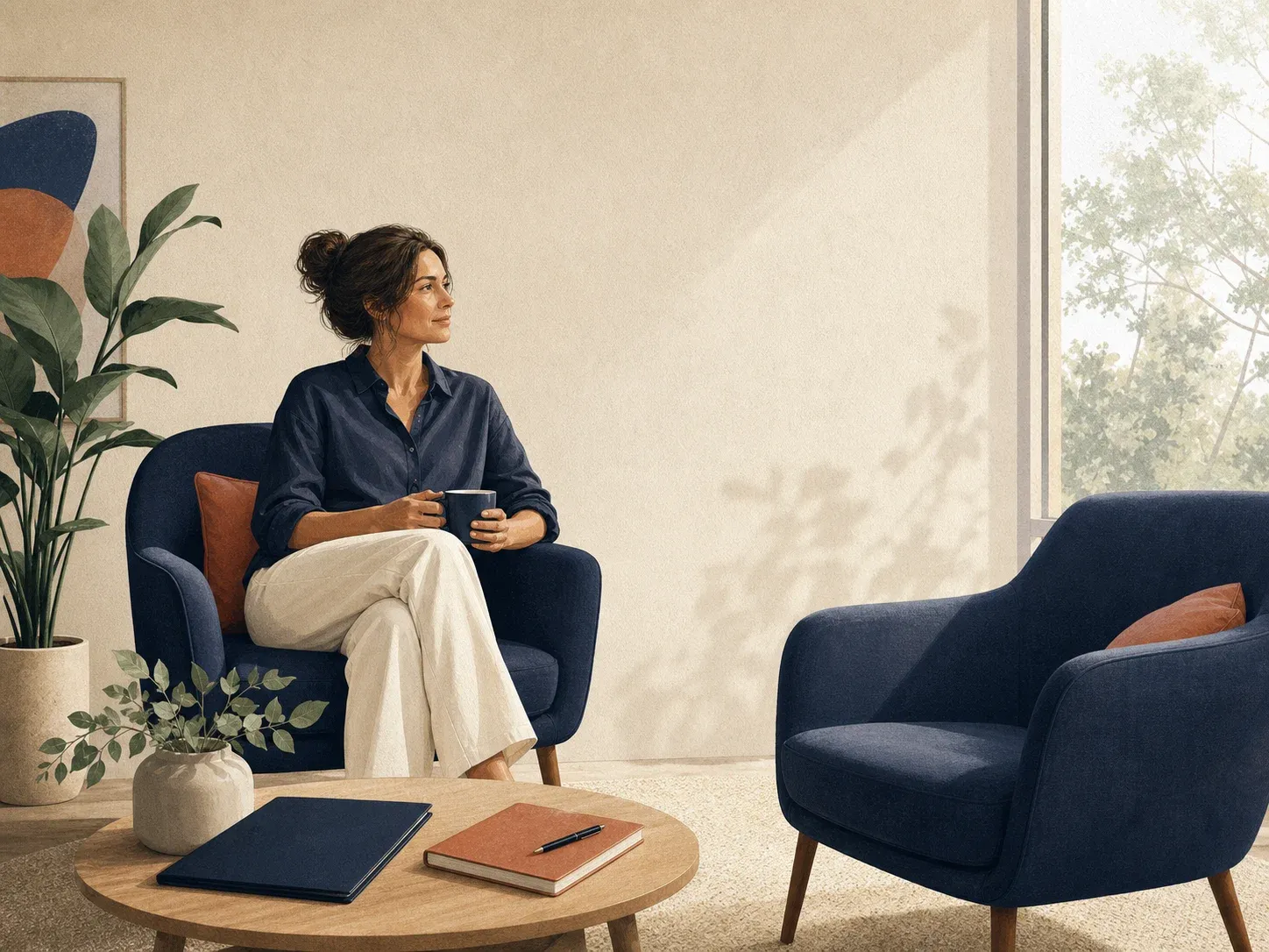 Person seated by a window with a journal, plant, adviser chair and insurance folder