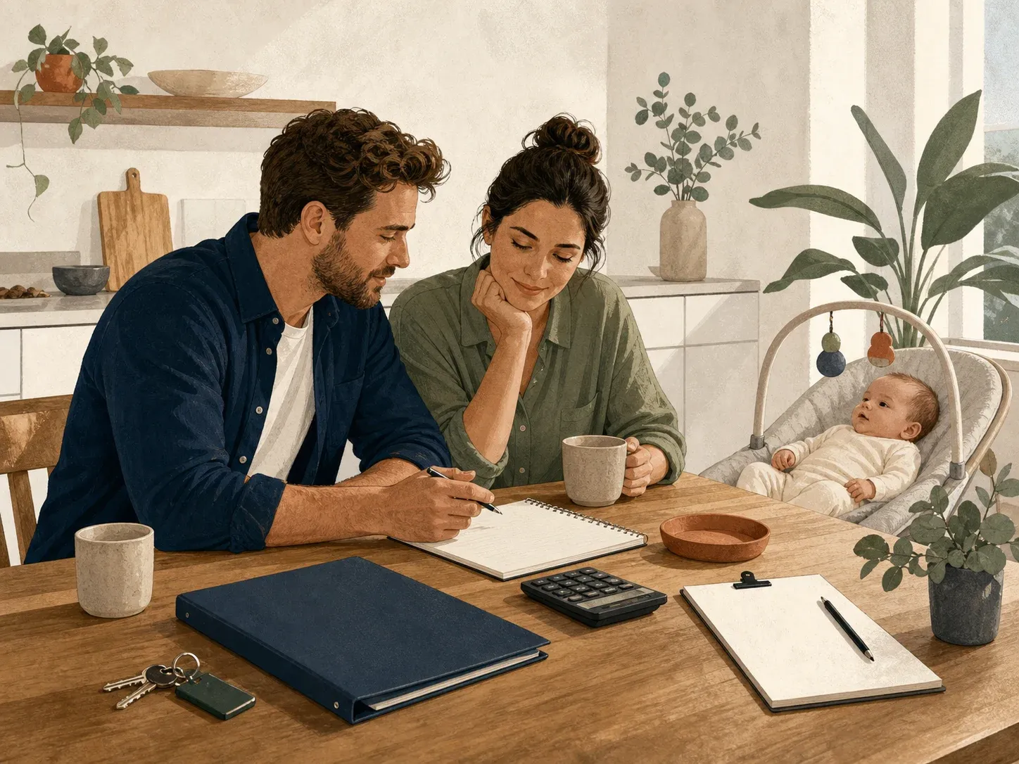 New parents with their baby, house keys, mortgage folder and insurance checklist