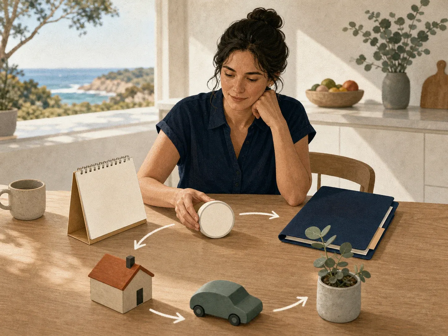 Person at a summer table with a timer, calendar, policy folder and review objects