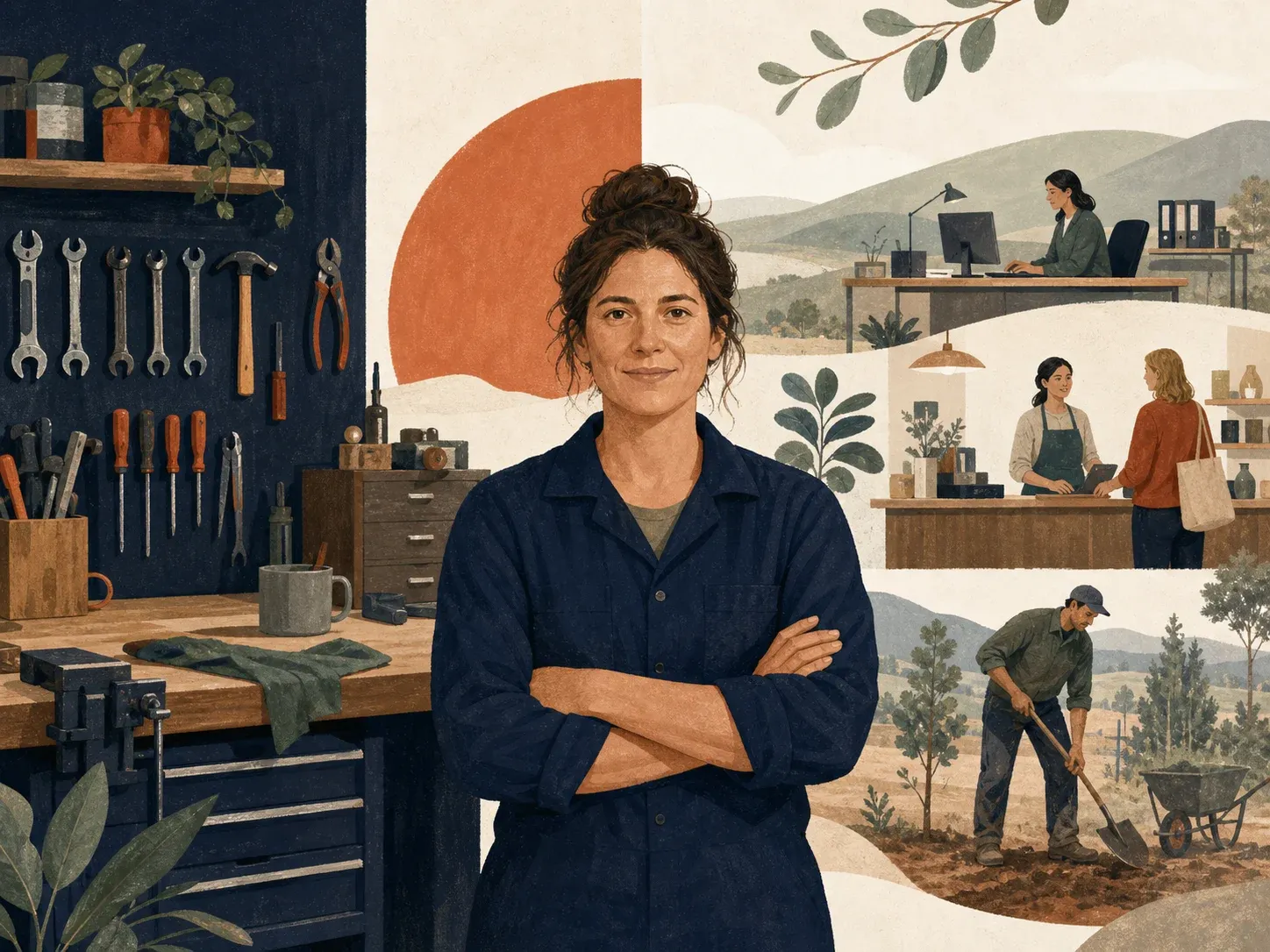 Woman between her own workbench and paths leading to other jobs
