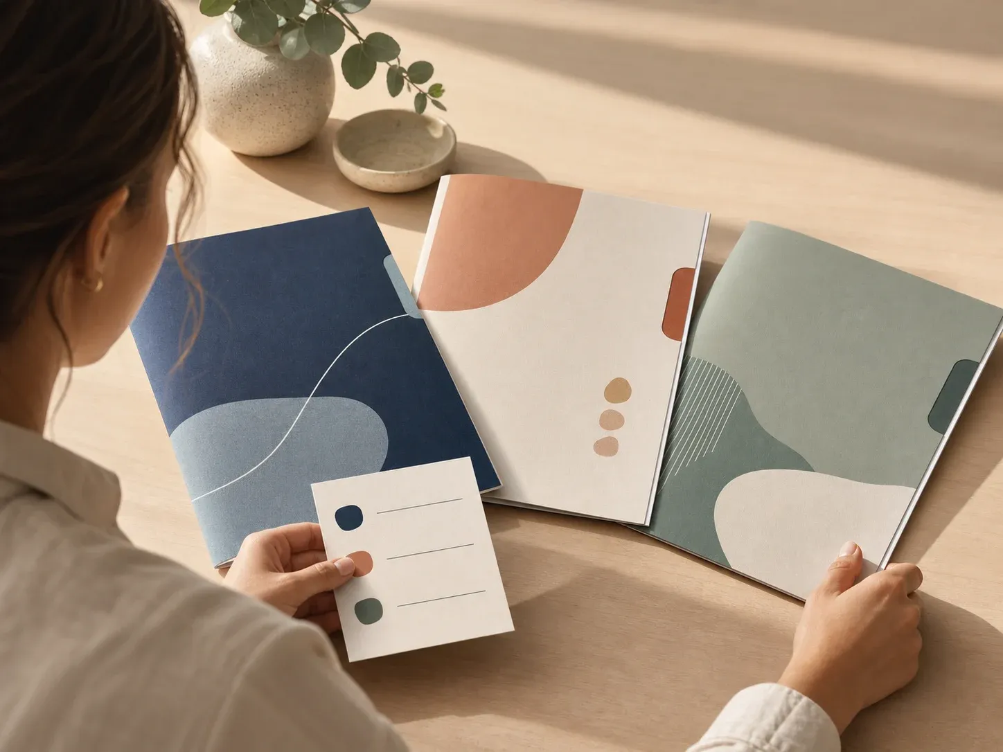 Reader sorting three unlabelled insurance booklets with a guide card
