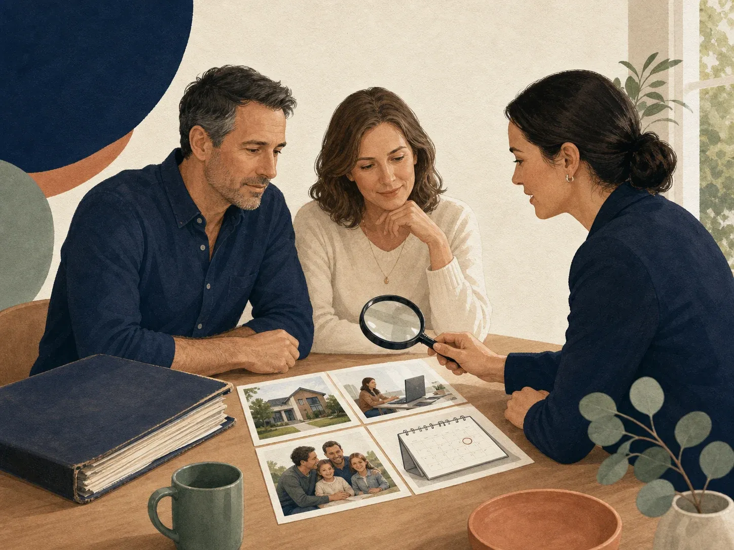 Couple and adviser reviewing an older insurance folder with a magnifying glass
