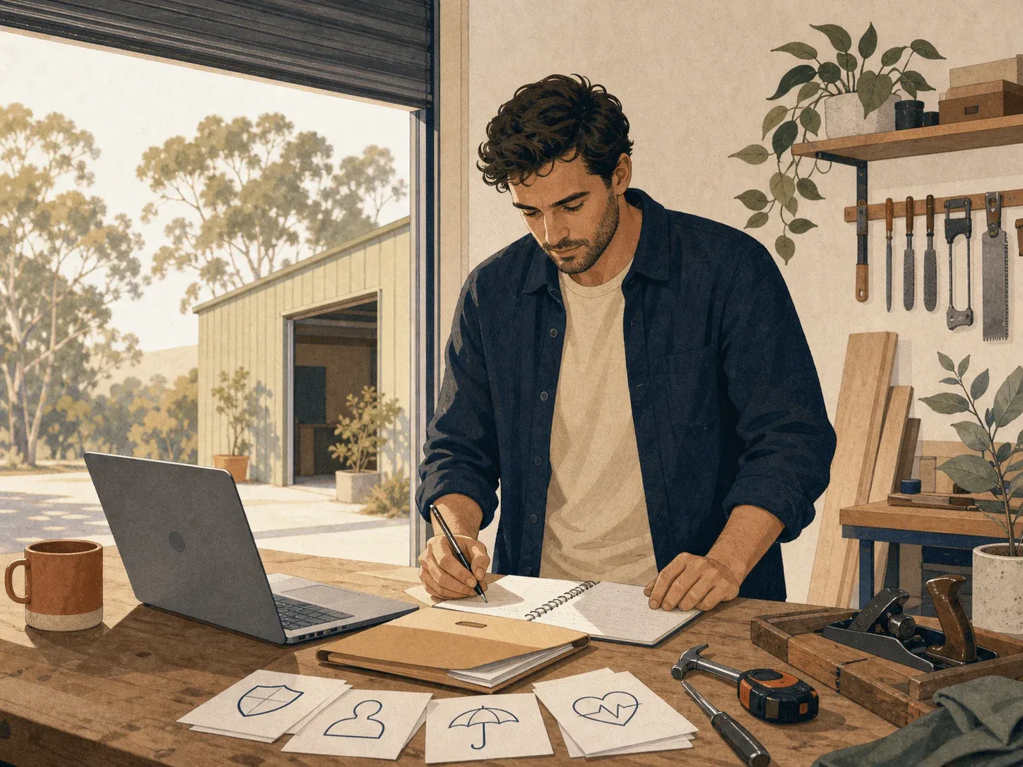 Self-employed person opening a workshop with tools, laptop and insurance notes