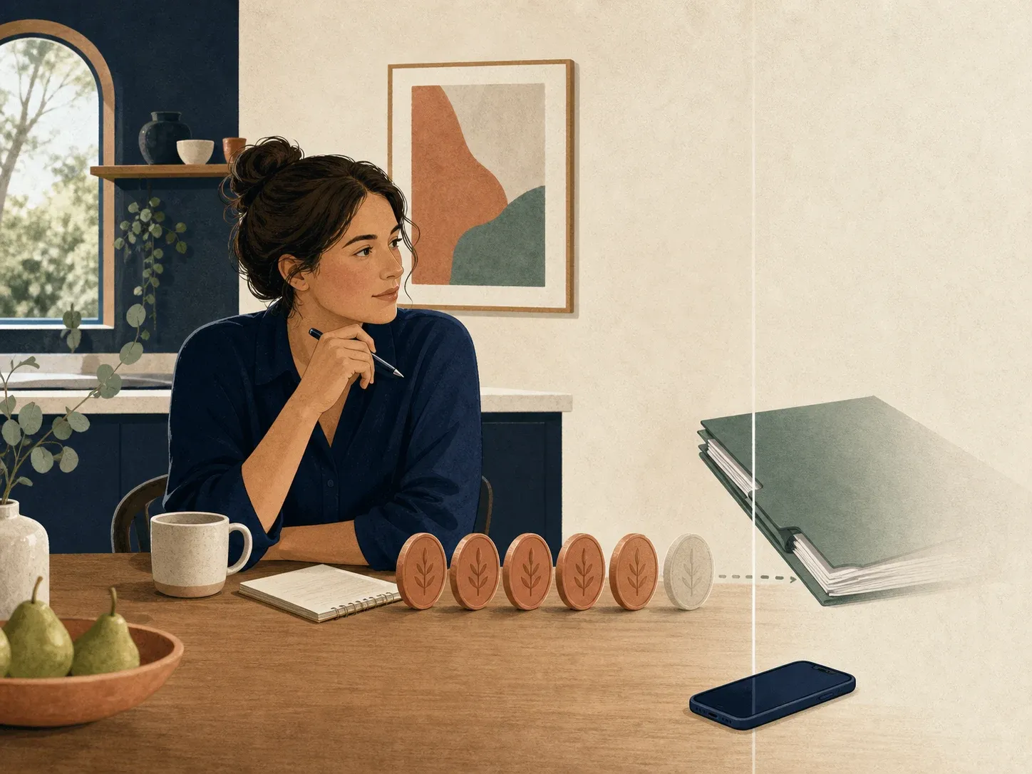 Person beside paused coins, a fading insurance folder and a phone