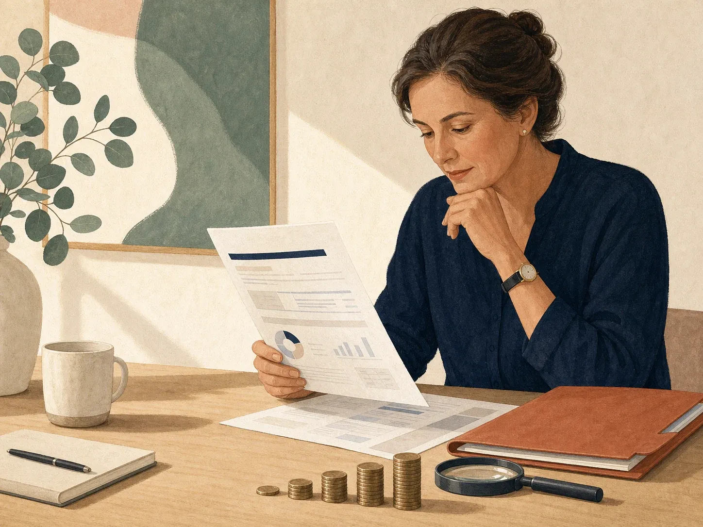 Person reviewing a super statement beside rising coins and a magnifying glass