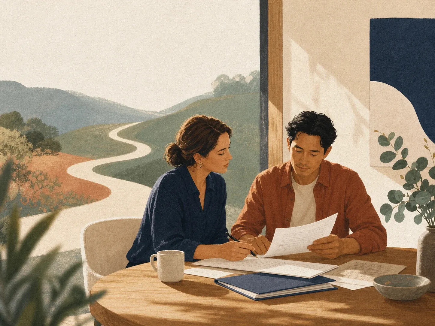 Person and support adviser assembling claim documents at a sunlit table