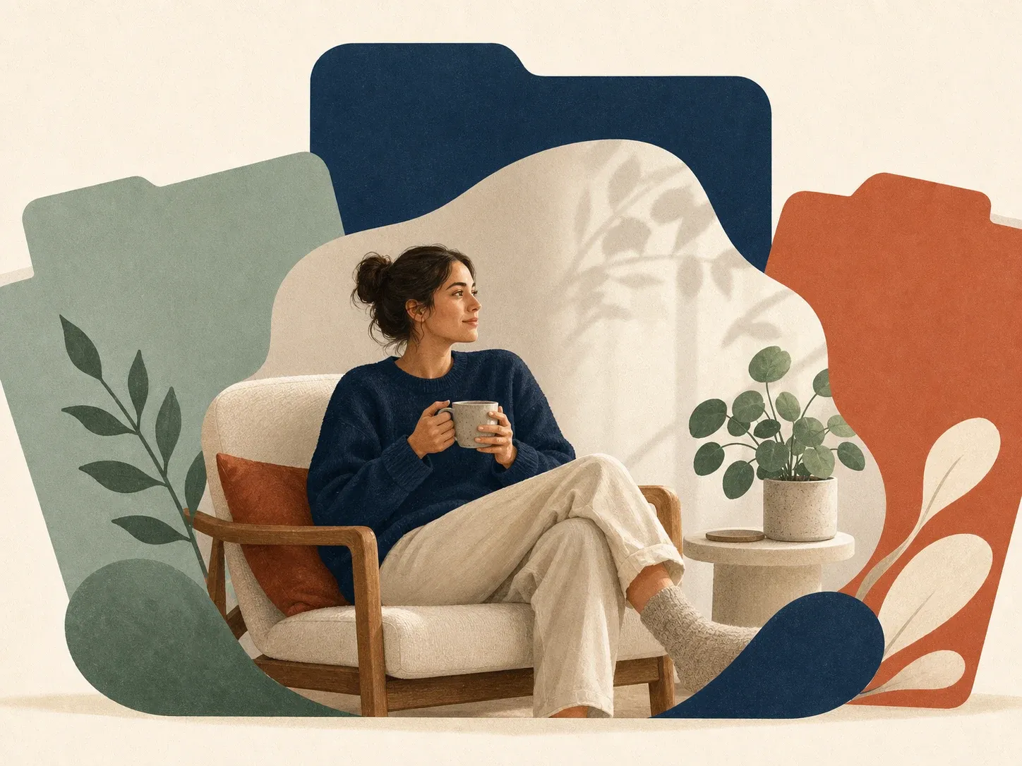 Three unlabelled folders overlapping around a person resting at home