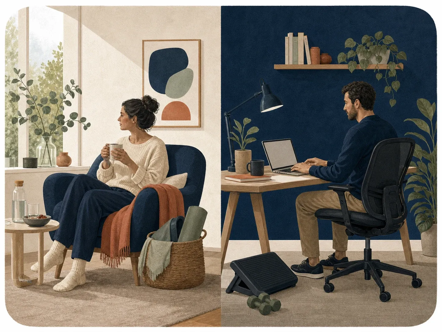 Split household scene showing recovery supports and work-capacity aids